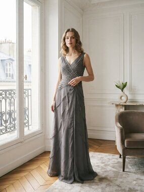Ignite Evenings Elegant Beaded V-Neck Evening Gown in Charcoal Gray Sz 12
